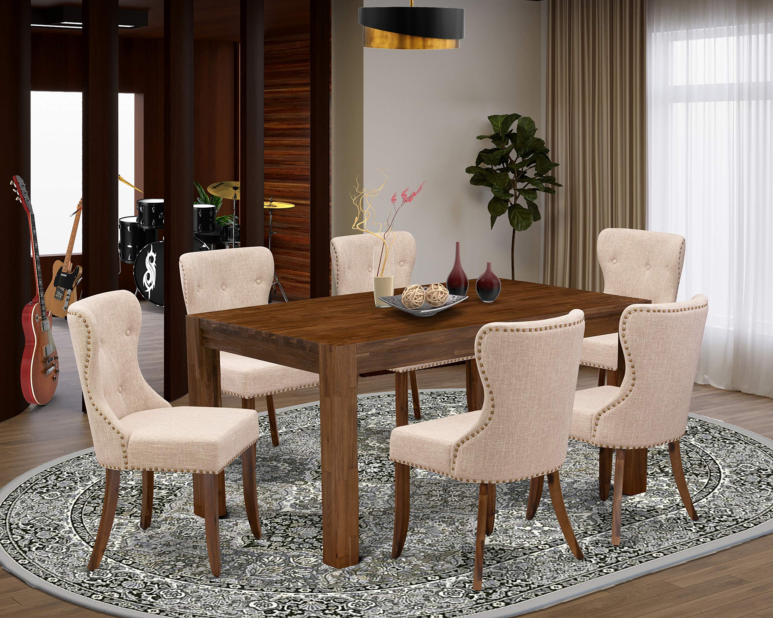 East West Furniture Cnsi7-N8-04 7 Piece Modern Dining Table Set Consist Of A Rectangle Rustic Wood Wooden Table And 6 Light Tan Linen Fabric Upholstered Chairs, 36X60 Inch, Natural